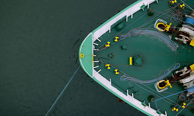 Aerial view of vessel leaving port