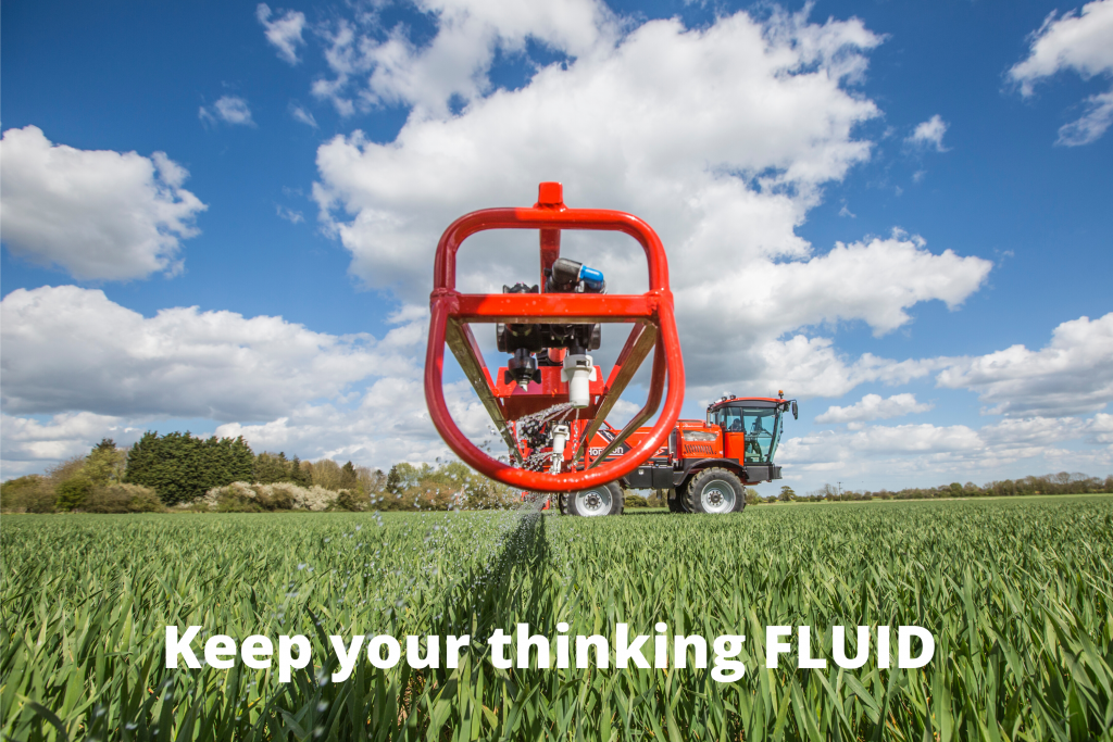 Liquid fertiliser being sprayed with caption 'Keep your thinking fluid'